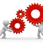 two 3d humans keep gears in hands